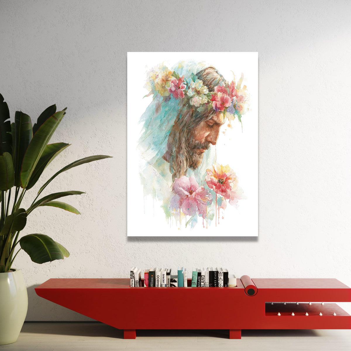 Inspirational Jesus Portrait with Flower Crown, Watercolor Canvas Wall Art, Religious Spiritual Home Decor, Christian Luxury Home Decor