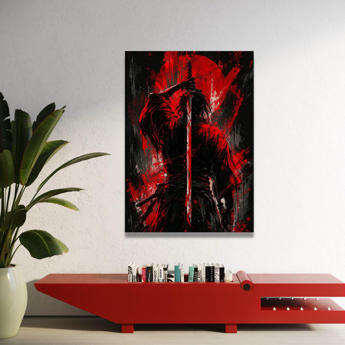 Samurai Warrior Canvas Wall Art, Red and Black Sword Illustration, Japanese Katana Art, Modern Warrior Painting, Dramatic Luxury Home Decor