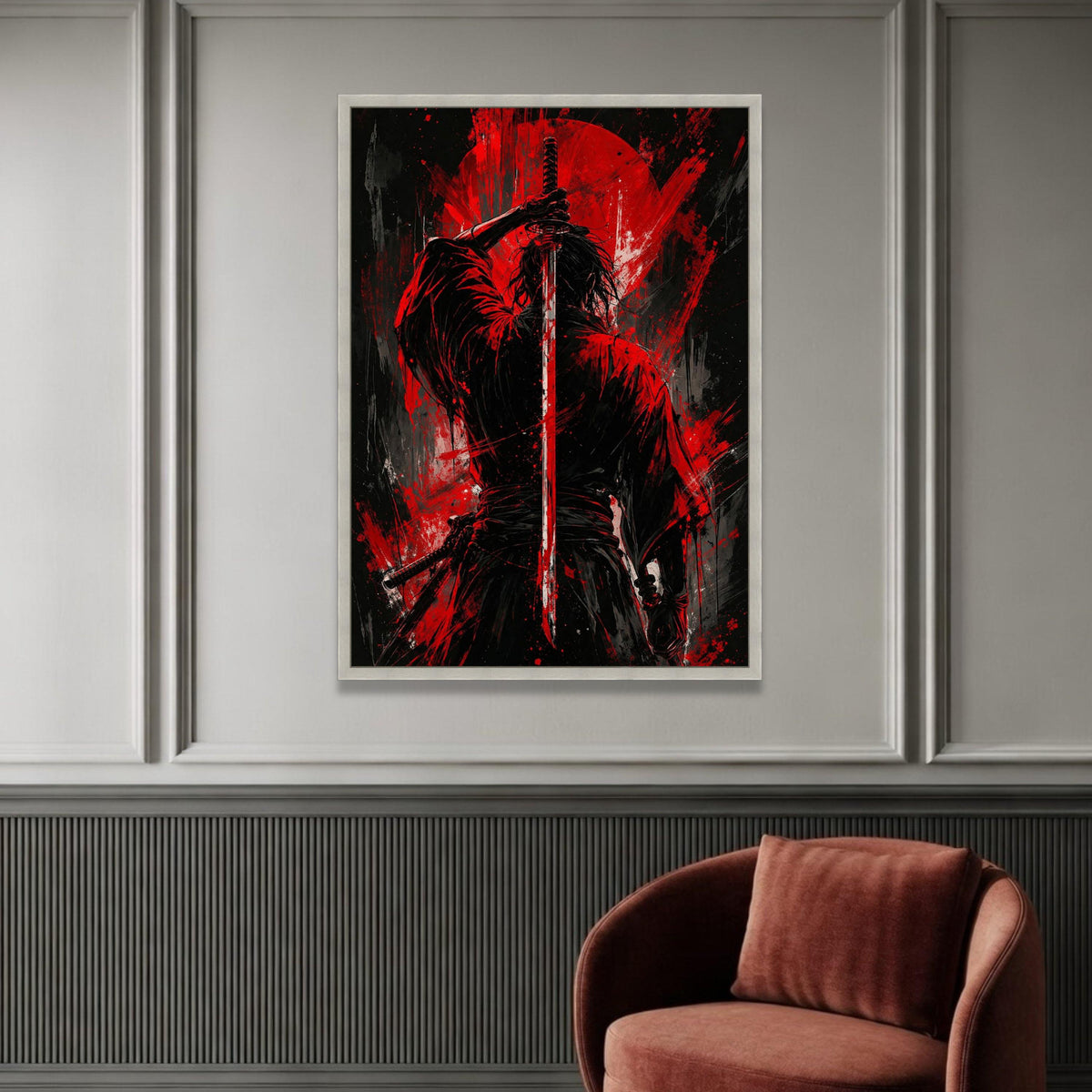 Samurai Warrior Canvas Wall Art, Red and Black Sword Illustration, Japanese Katana Art, Modern Warrior Painting, Dramatic Luxury Home Decor