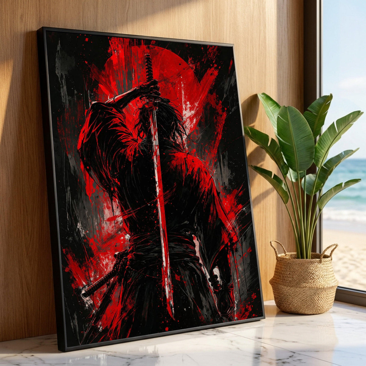 Samurai Warrior Canvas Wall Art, Red and Black Sword Illustration, Japanese Katana Art, Modern Warrior Painting, Dramatic Luxury Home Decor