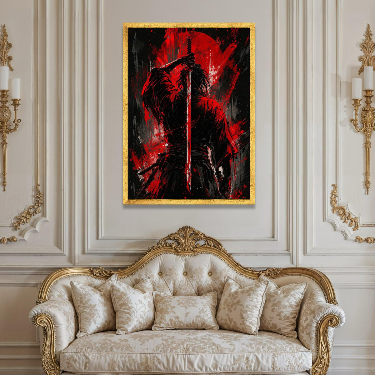 Samurai Warrior Canvas Wall Art, Red and Black Sword Illustration, Japanese Katana Art, Modern Warrior Painting, Dramatic Luxury Home Decor