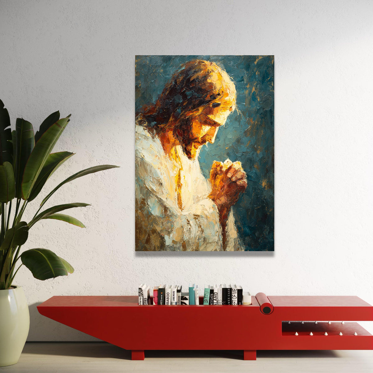 Praying Jesus Canvas Wall Art, Religious Christian Painting, Inspirational Spiritual Decor, Faith and Hope Canvas, Ready Luxury Home Decor