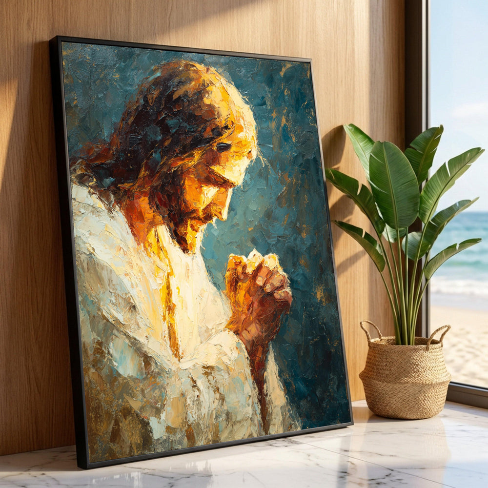 Praying Jesus Canvas Wall Art, Religious Christian Painting, Inspirational Spiritual Decor, Faith and Hope Canvas, Ready Luxury Home Decor