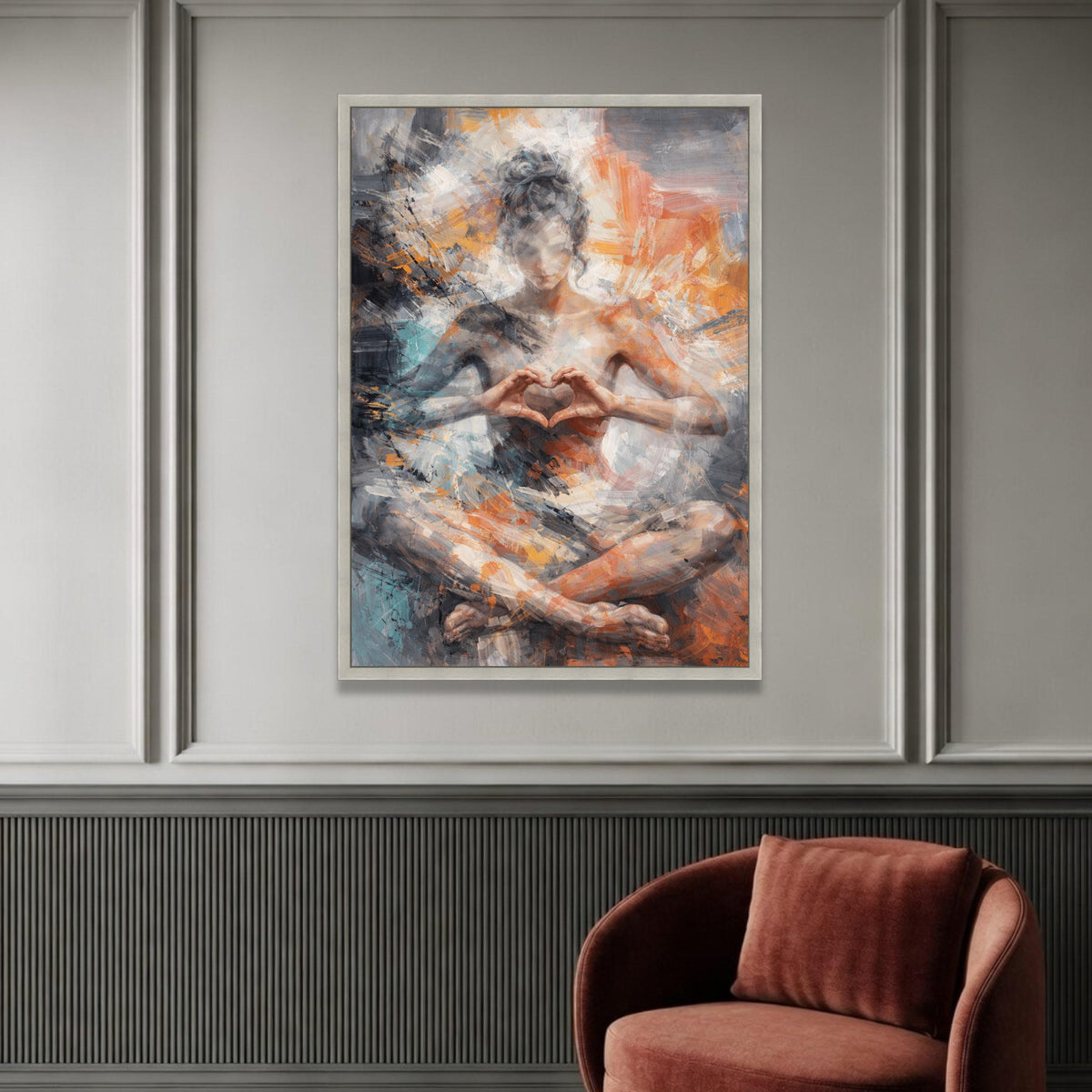 Abstract Woman Meditation Canvas, Heart Hands Art, Modern Figurative Painting, Expressionist Wall Art, Contemporary Canvas Luxury Home Decor