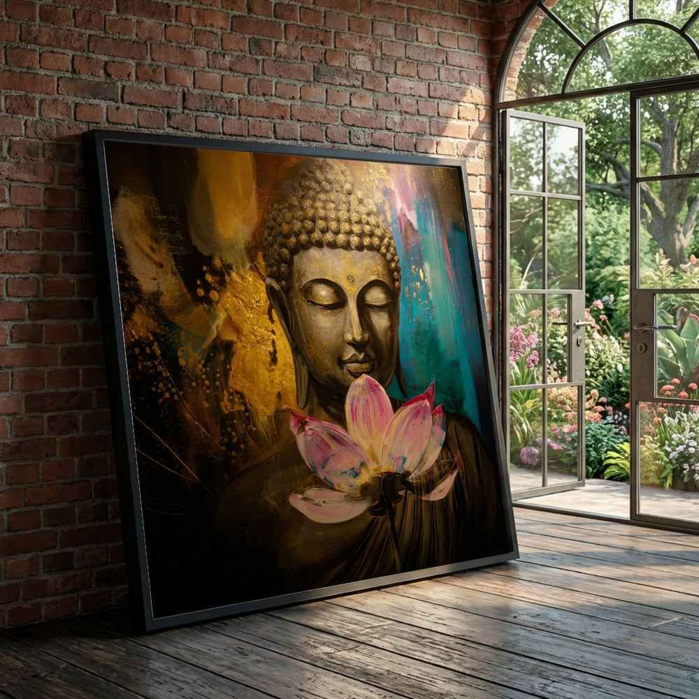 Serene Buddha Face Canvas, Lotus Flower Wall Art, Spiritual Meditation Decor, Golden Abstract Painting, Zen Canvas Print Luxury Home Decor