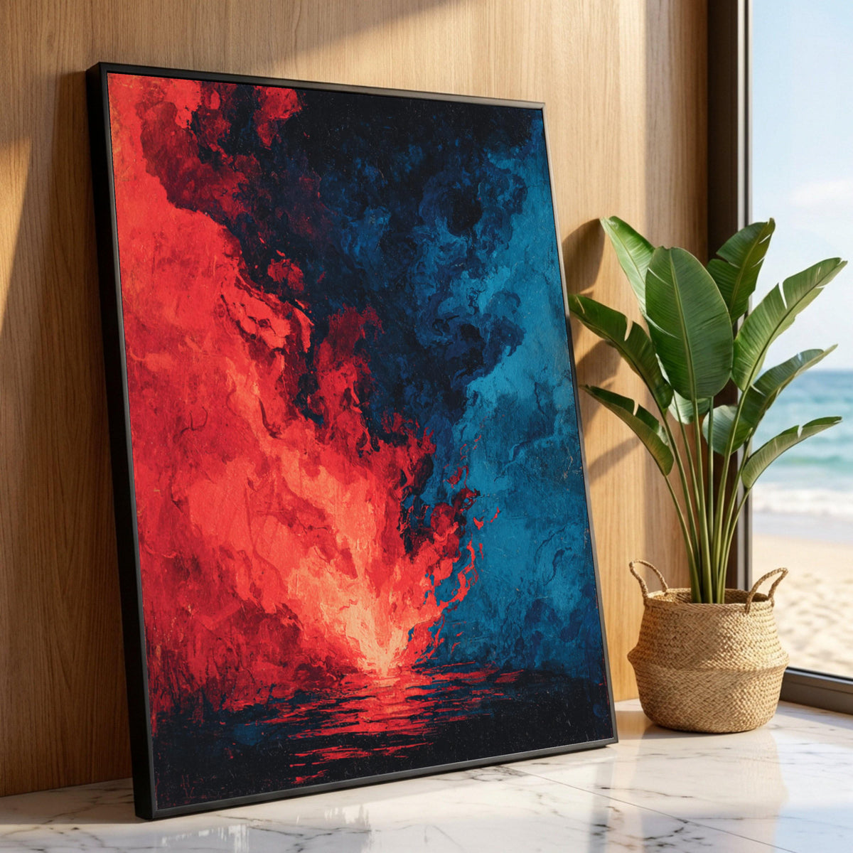 Fiery Abstract Canvas Wall Art, Red and Blue Modern Painting, Dramatic Color Contrast Canvas, Vibrant Home Decor, Ready to Luxury Home Decor