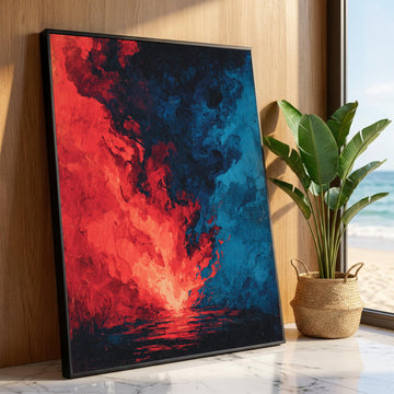 Fiery Abstract Canvas Wall Art, Red and Blue Modern Painting, Dramatic Color Contrast Canvas, Vibrant Home Decor, Ready to Luxury Home Decor