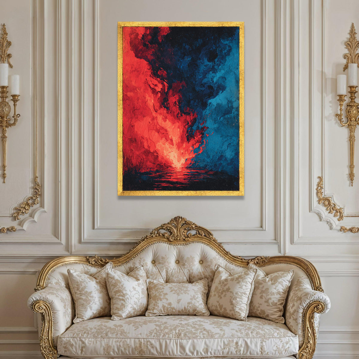 Fiery Abstract Canvas Wall Art, Red and Blue Modern Painting, Dramatic Color Contrast Canvas, Vibrant Home Decor, Ready to Luxury Home Decor