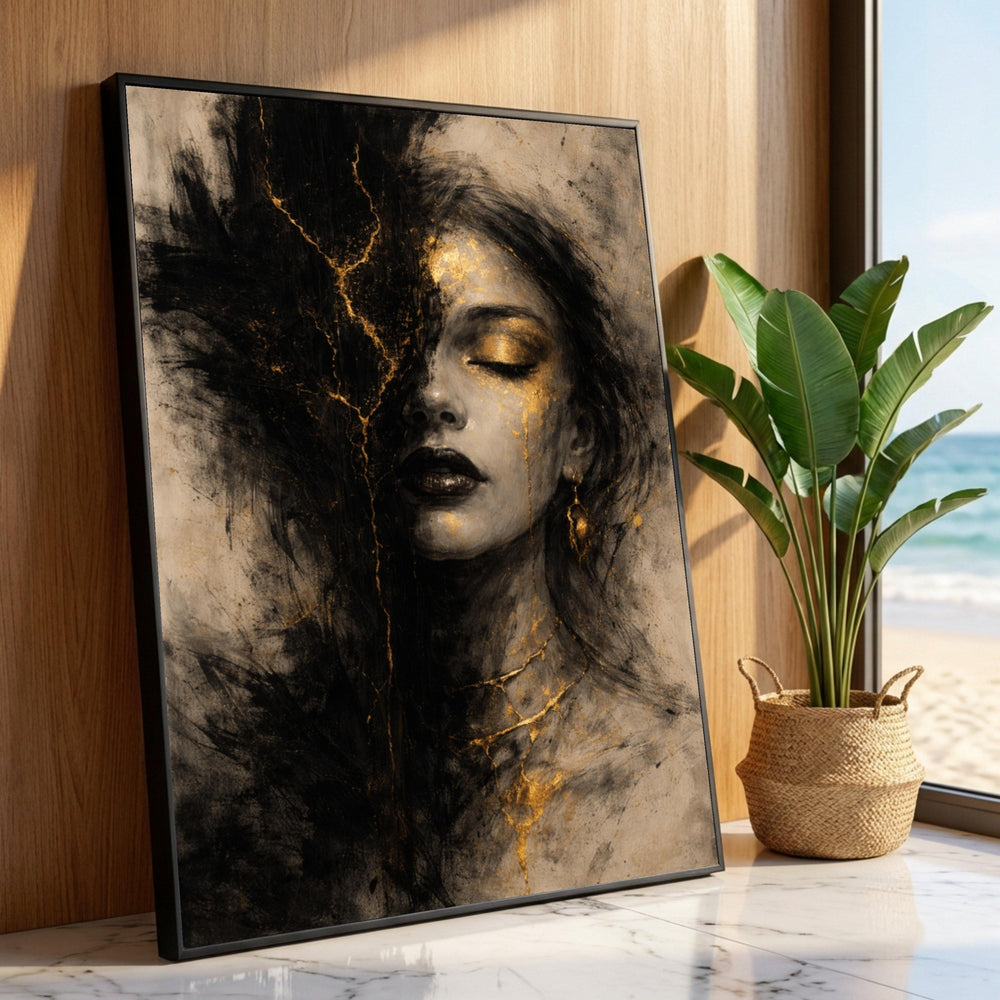 Abstract Woman Portrait Canvas, Gold and Black Art, Modern Female Face Wall Art, Contemporary Canvas Decoration, Elegant Luxury Home Decor