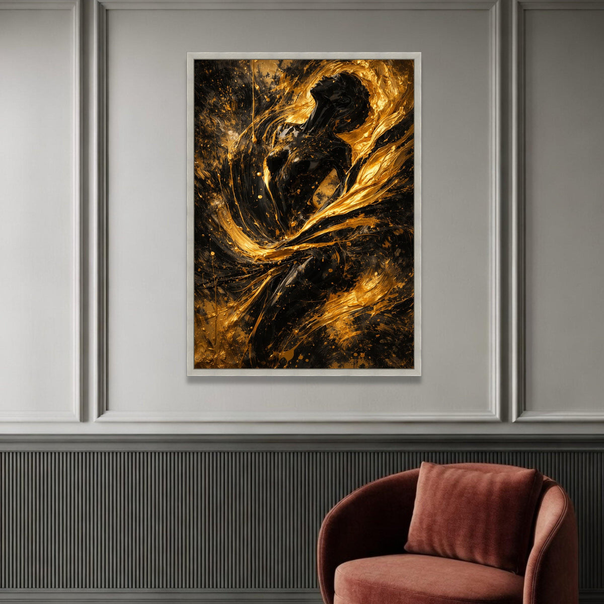 Abstract Gold and Black Female Silhouette Canvas, Modern Body Art Wall Decor, Elegant Fluid Motion Painting, Luxe Home Luxury Home Decor