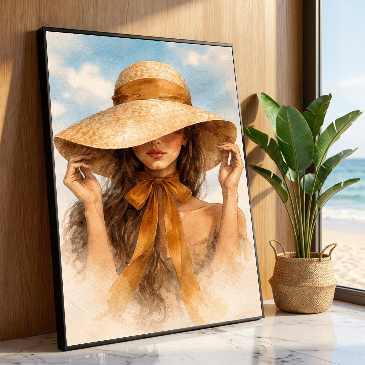 Elegant Woman Wide Brim Hat Canvas, Summer Fashion Portrait Wall Art, Feminine Style Decor, Soft Pastel Illustration, Luxury Home Decor