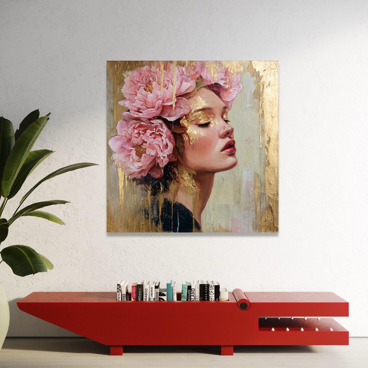 Elegant Woman Portrait with Pink Peonies Canvas, Gold Accent Wall Art, Floral Face Painting, Feminine Home Decor, Modern Luxury Home Decor