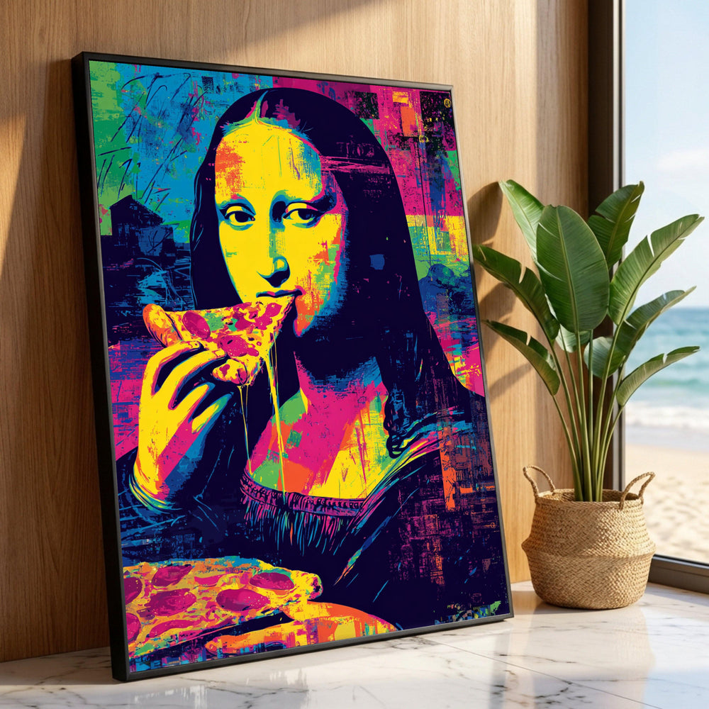 Vibrant Pop Art Mona Lisa Eating Pizza, Modern Canvas Wall Art, Colorful Abstract Portrait, Unique Home Decoration, Ready Luxury Home Decor