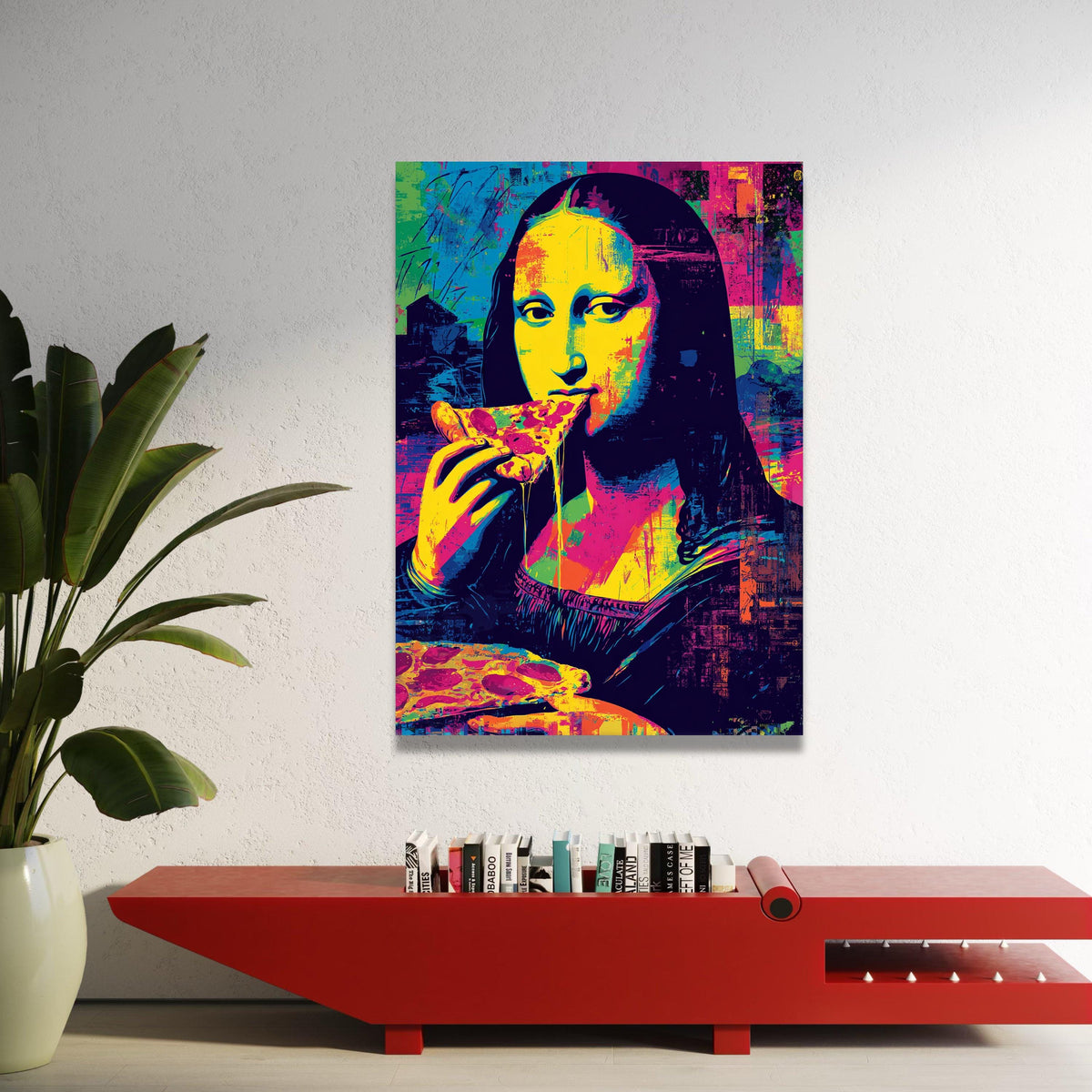 Vibrant Pop Art Mona Lisa Eating Pizza, Modern Canvas Wall Art, Colorful Abstract Portrait, Unique Home Decoration, Ready Luxury Home Decor