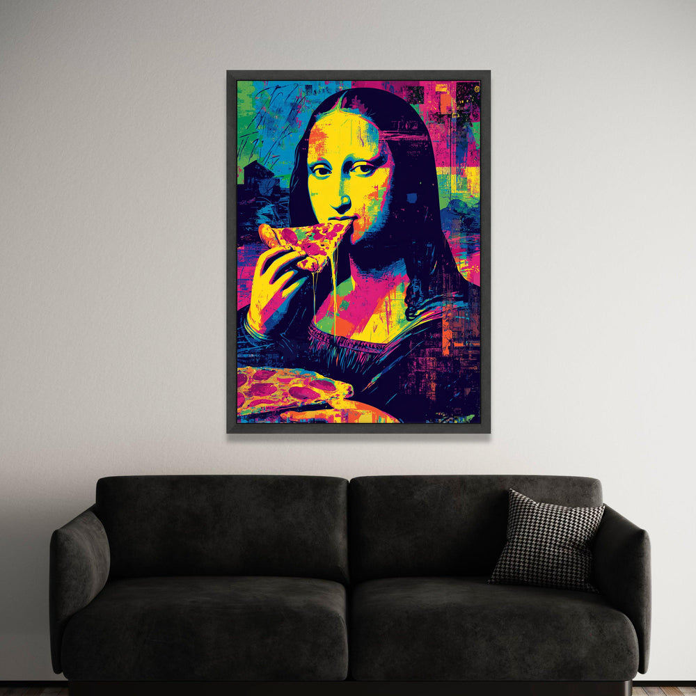 Vibrant Pop Art Mona Lisa Eating Pizza, Modern Canvas Wall Art, Colorful Abstract Portrait, Unique Home Decoration, Ready Luxury Home Decor