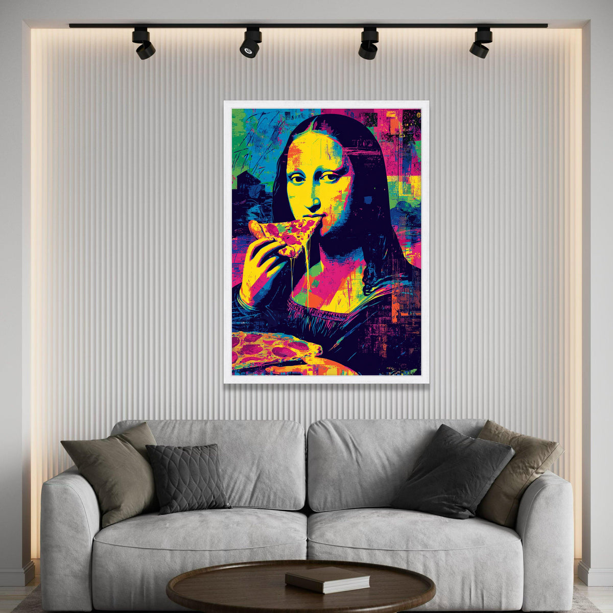 Vibrant Pop Art Mona Lisa Eating Pizza, Modern Canvas Wall Art, Colorful Abstract Portrait, Unique Home Decoration, Ready Luxury Home Decor