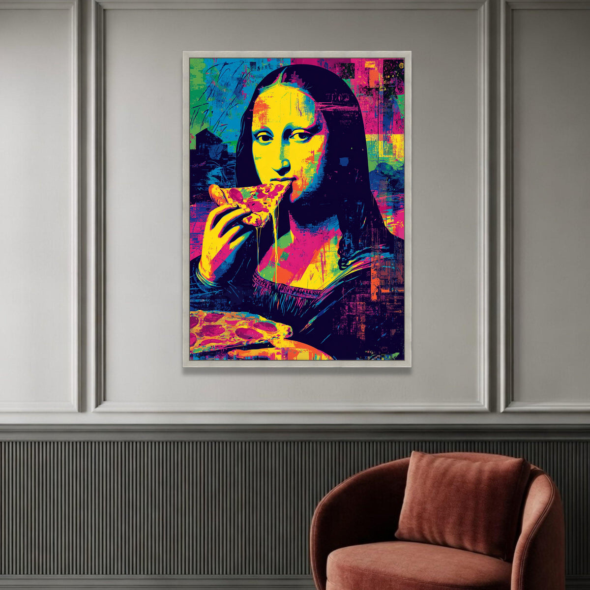 Vibrant Pop Art Mona Lisa Eating Pizza, Modern Canvas Wall Art, Colorful Abstract Portrait, Unique Home Decoration, Ready Luxury Home Decor