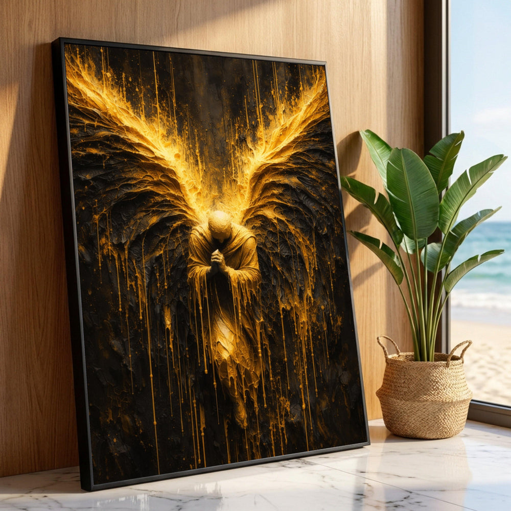 Golden Angel Canvas Wall Art, Praying Figure with Radiant Wings, Spiritual Abstract Canvas, Dramatic Home Décor, Modern Luxury Home Decor