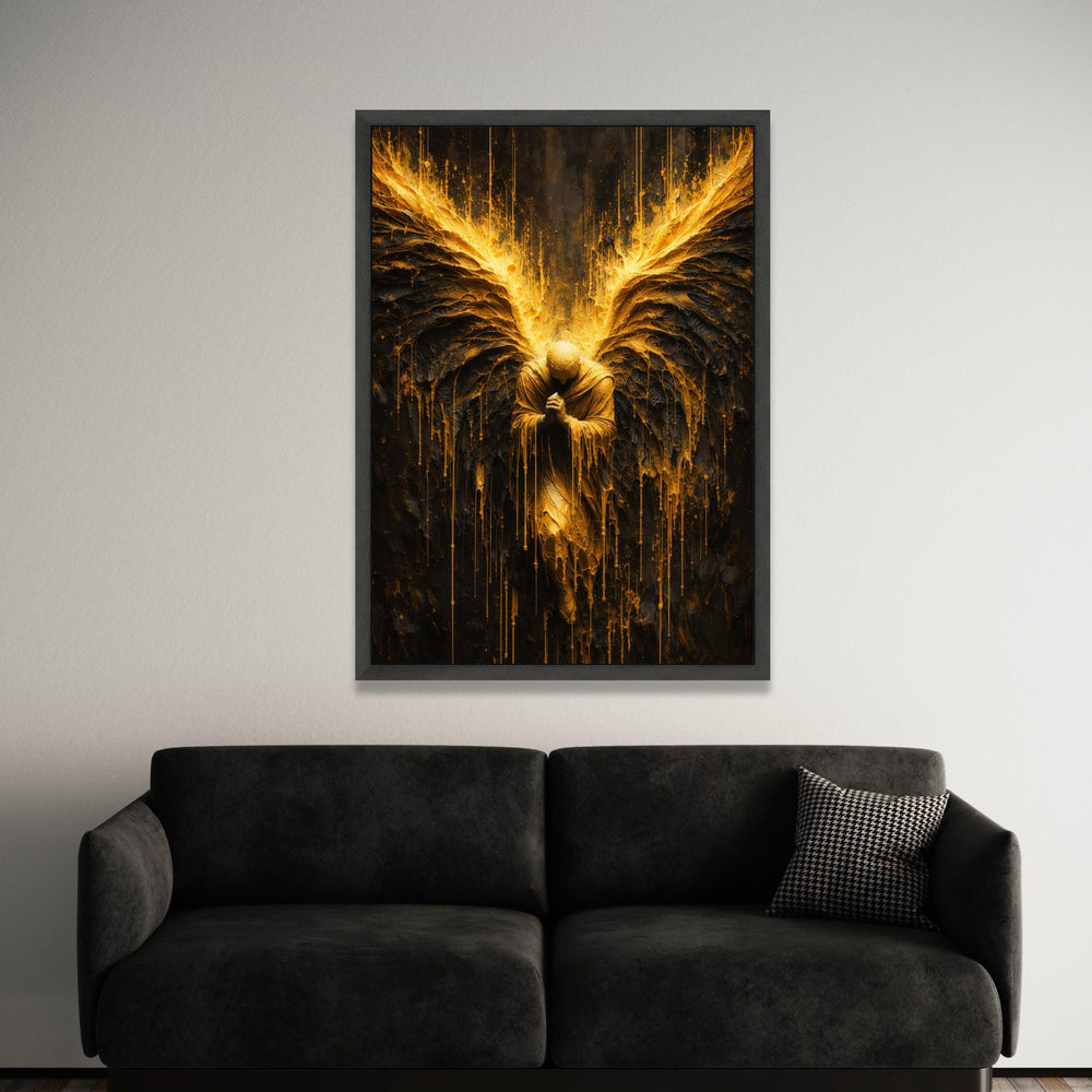 Golden Angel Canvas Wall Art, Praying Figure with Radiant Wings, Spiritual Abstract Canvas, Dramatic Home Décor, Modern Luxury Home Decor