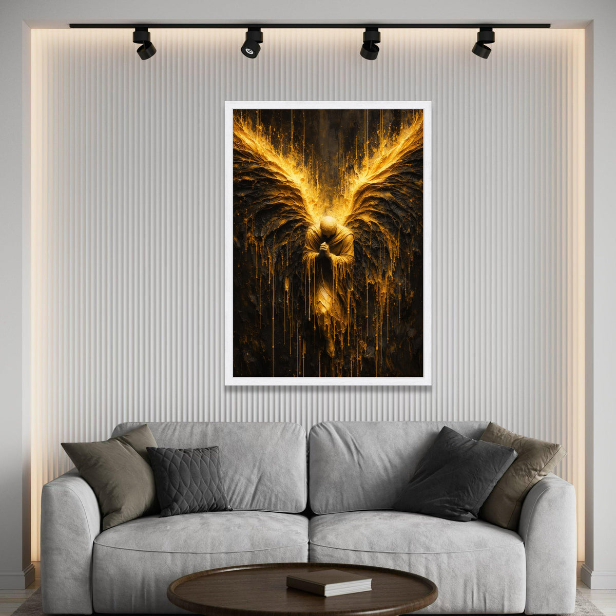 Golden Angel Canvas Wall Art, Praying Figure with Radiant Wings, Spiritual Abstract Canvas, Dramatic Home Décor, Modern Luxury Home Decor