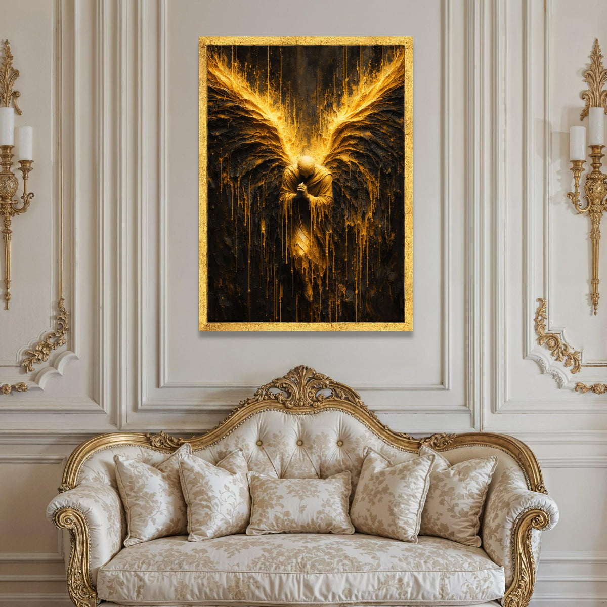 Golden Angel Canvas Wall Art, Praying Figure with Radiant Wings, Spiritual Abstract Canvas, Dramatic Home Décor, Modern Luxury Home Decor