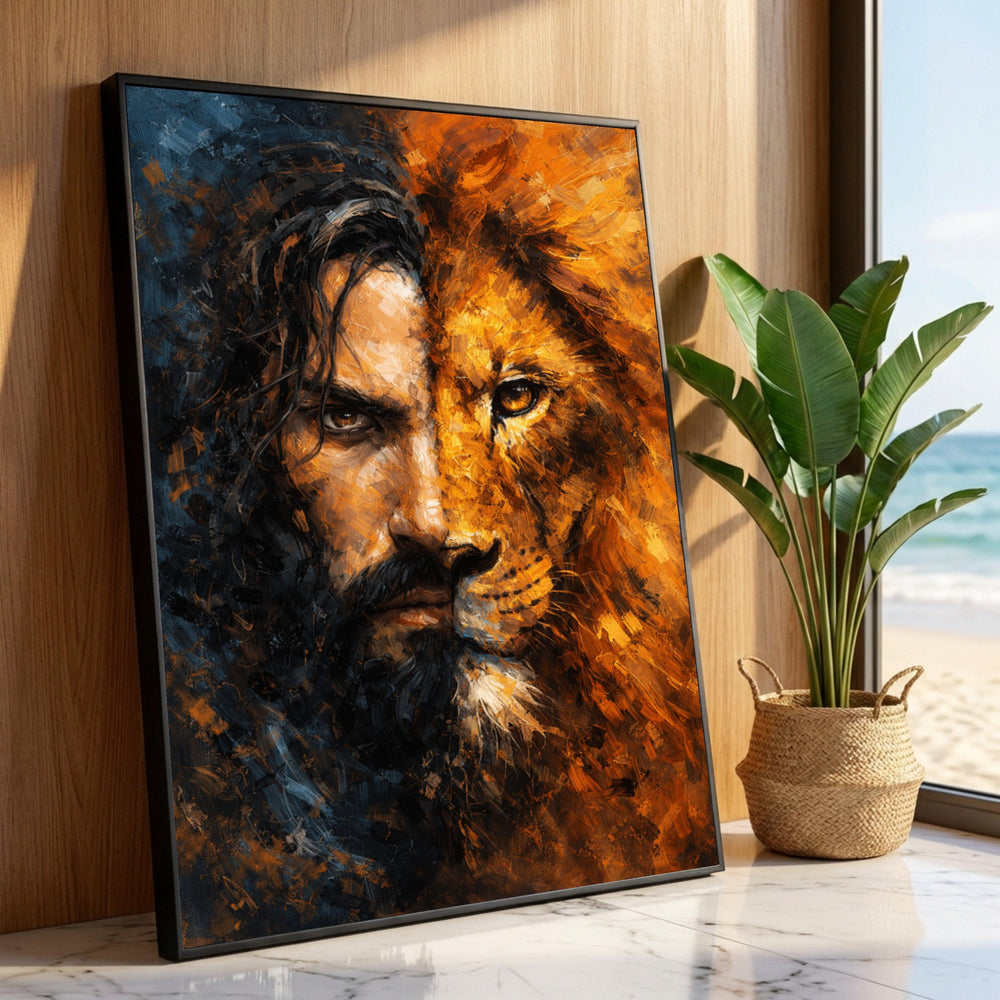 Lion and Man Face Fusion Canvas, Powerful Wildlife Portrait, Abstract Animal Wall Art, Bold Home Decoration, Ready to Hang Luxury Home Decor