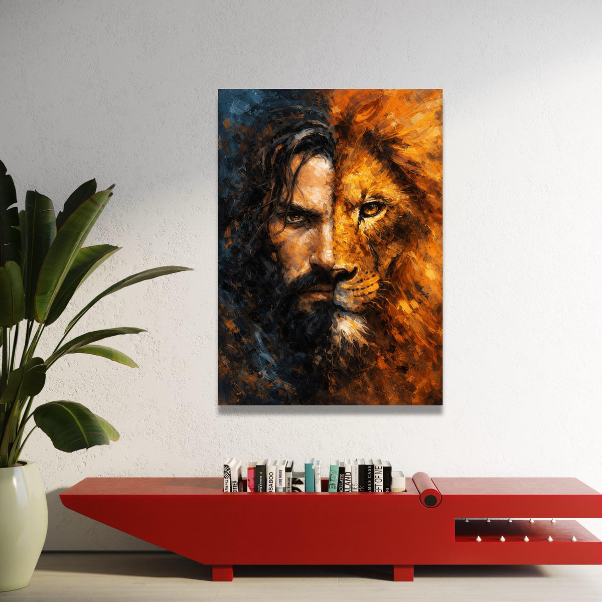 Lion and Man Face Fusion Canvas, Powerful Wildlife Portrait, Abstract Animal Wall Art, Bold Home Decoration, Ready to Hang Luxury Home Decor