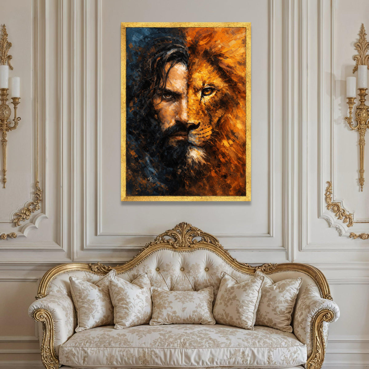 Lion and Man Face Fusion Canvas, Powerful Wildlife Portrait, Abstract Animal Wall Art, Bold Home Decoration, Ready to Hang Luxury Home Decor