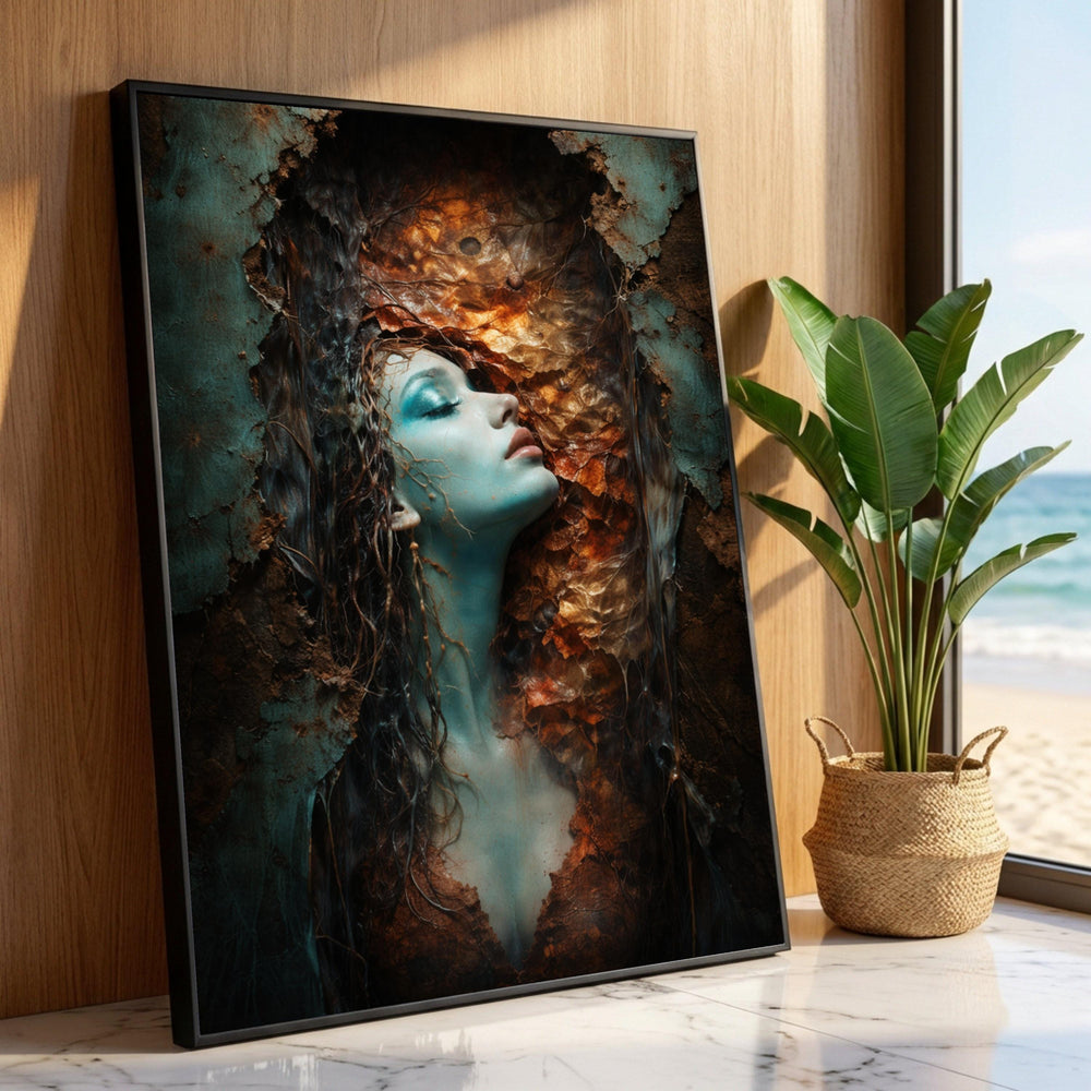 Enigmatic Woman Portrait Canvas, Surreal Nature Fusion Wall Art, Abstract Face Decor, Ethereal Botanical Canvas, Ready to Luxury Home Decor