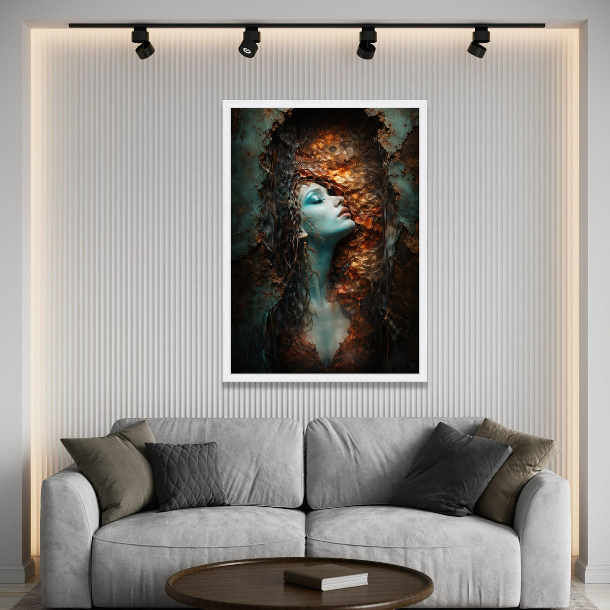 Enigmatic Woman Portrait Canvas, Surreal Nature Fusion Wall Art, Abstract Face Decor, Ethereal Botanical Canvas, Ready to Luxury Home Decor