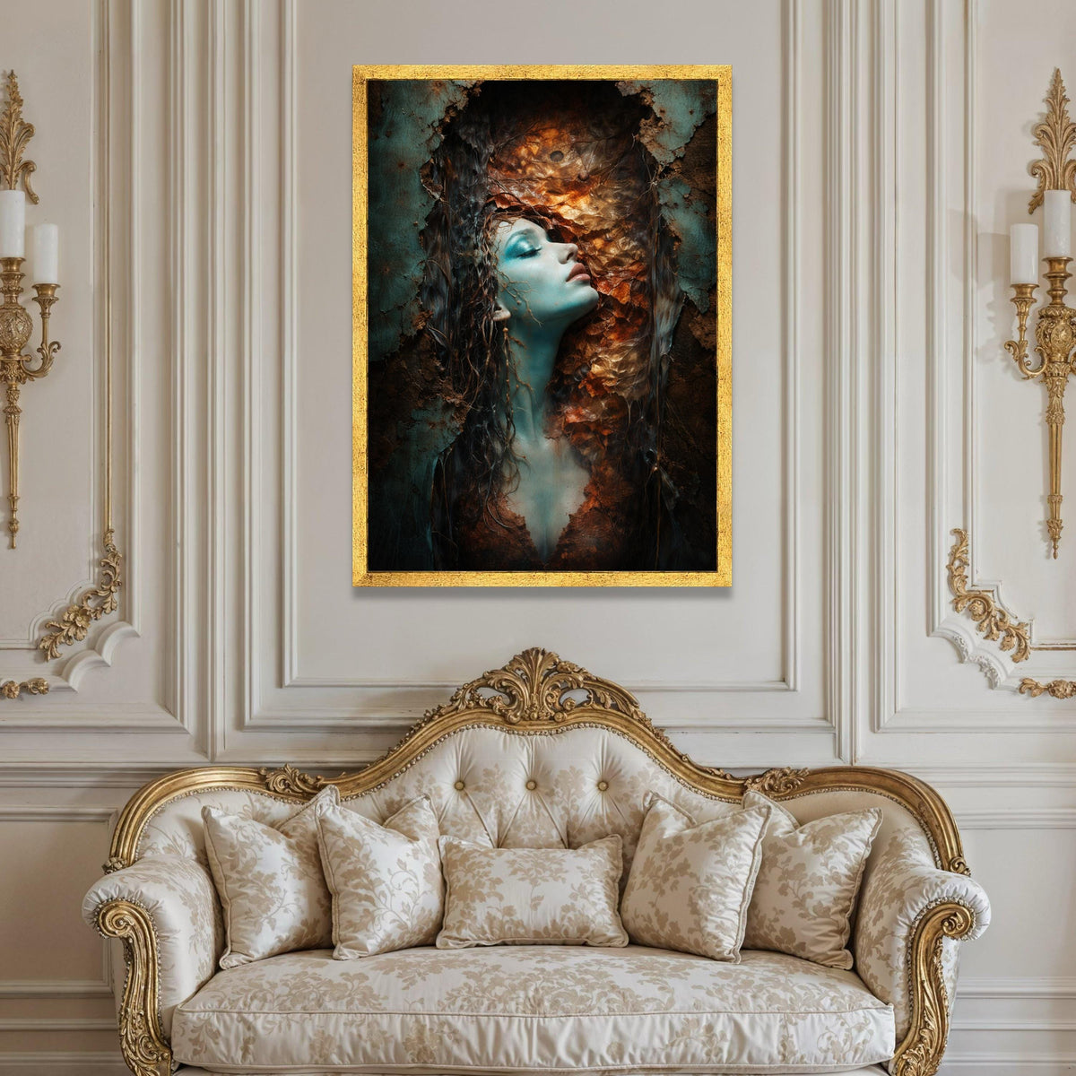Enigmatic Woman Portrait Canvas, Surreal Nature Fusion Wall Art, Abstract Face Decor, Ethereal Botanical Canvas, Ready to Luxury Home Decor