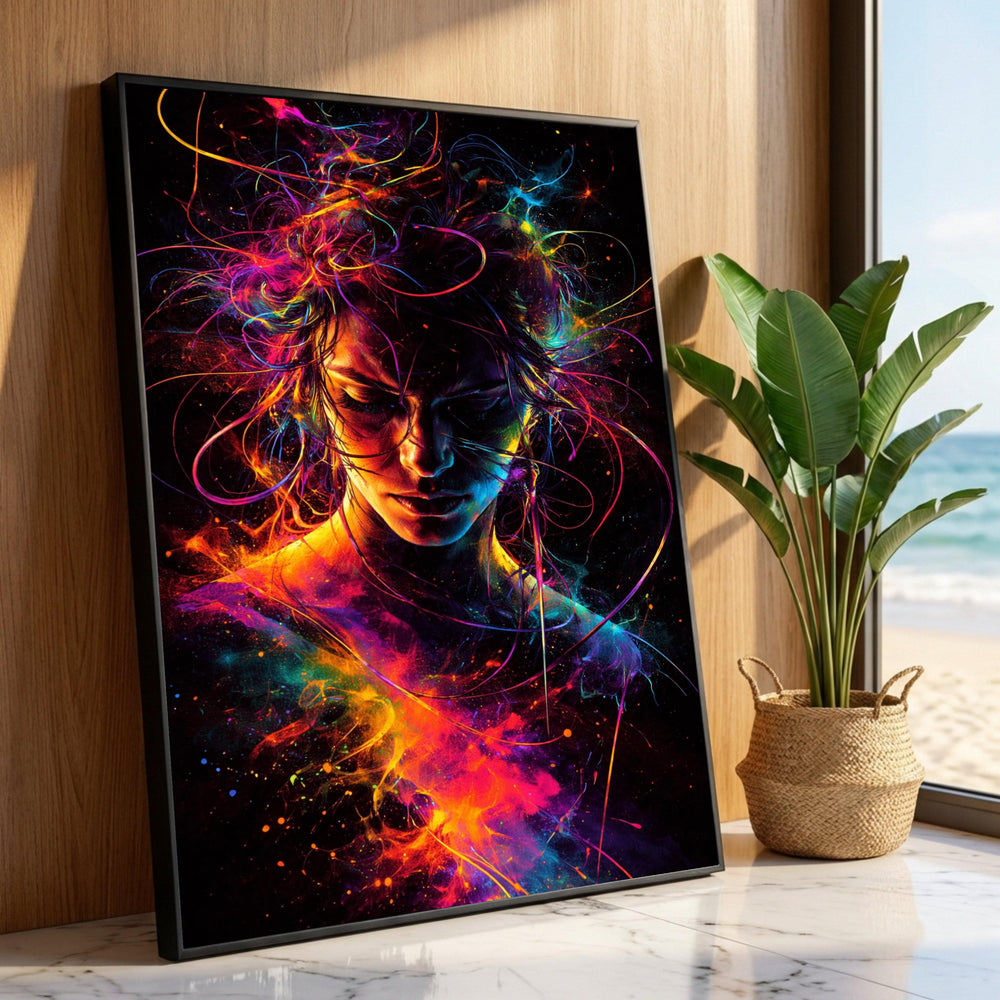 Neon Soul Portrait Canvas, Abstract Female Artwork, Vibrant Color Splash Wall Art, Modern Expressionist Canvas, Home Decor Luxury Home Decor
