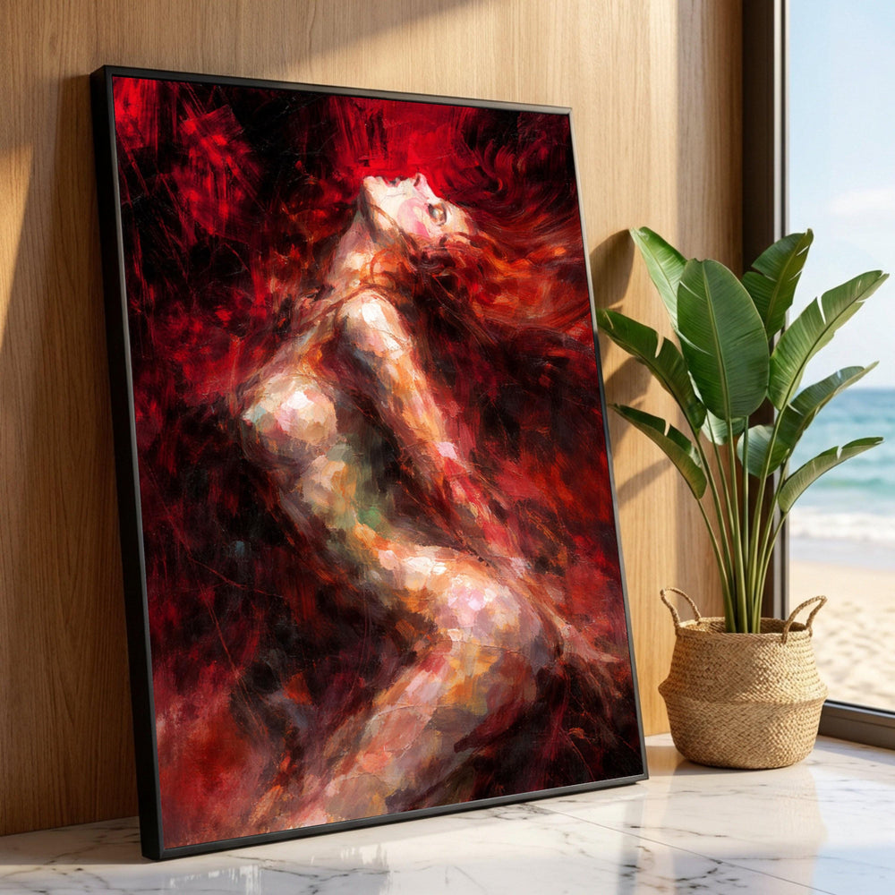 Fiery Passion Nude Female Canvas, Abstract Expressionist Art, Red Energy Wall Decoration, Sensual Artwork Ready to Hang Luxury Home Decor