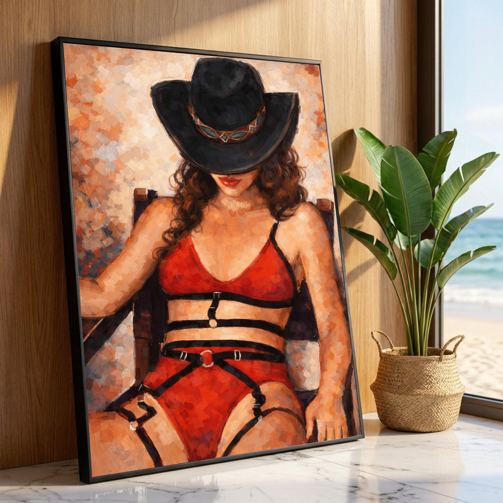 Elegant Woman Red Lingerie and Black Hat Canvas, Modern Portrait Wall Art, Glamour Home Decor, Fashion Illustration Canvas Luxury Home Decor