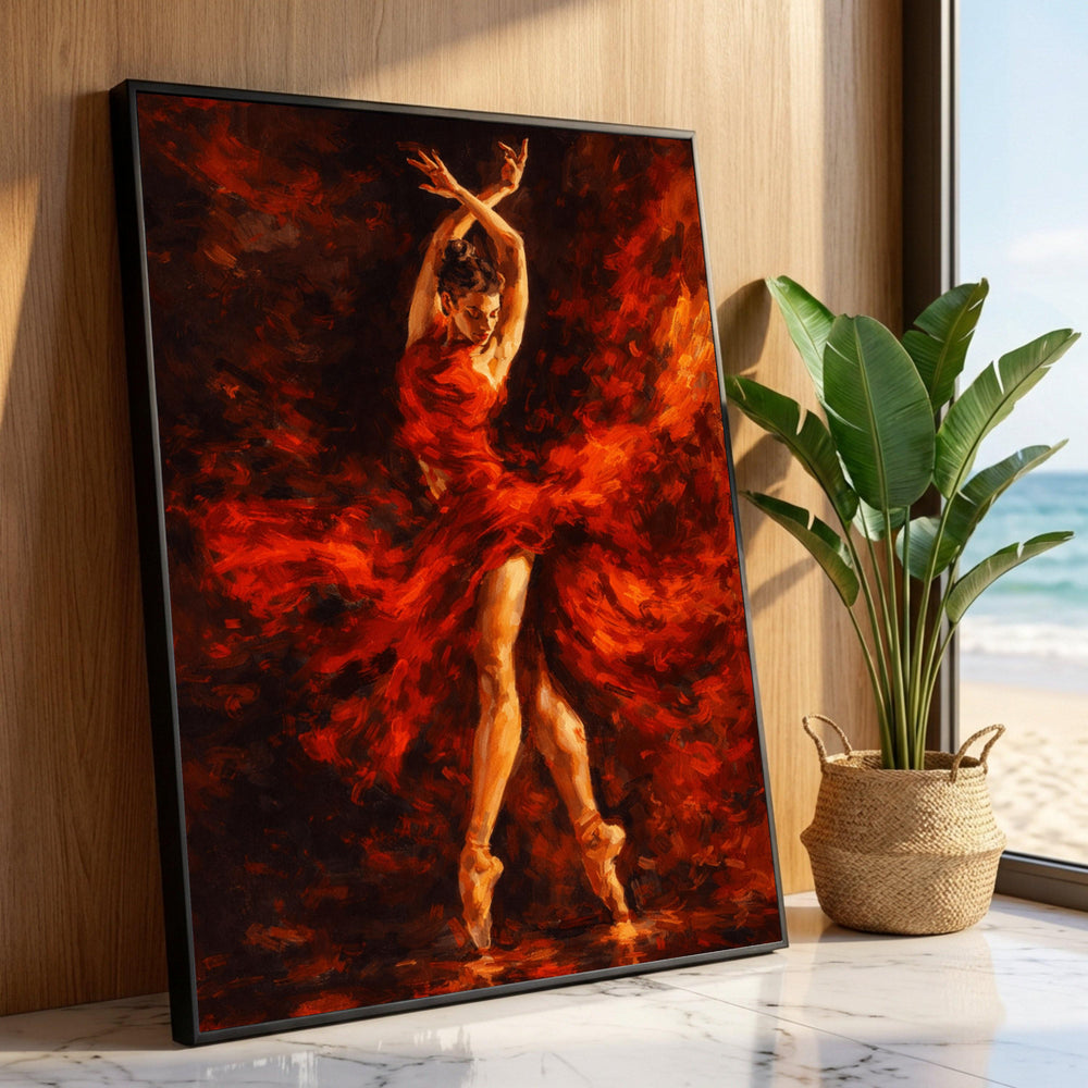 Dynamic Flamenco Dancer Canvas, Red Dress Ballet Wall Art, Expressive Dance Portrait, Elegant Movement Canvas, Home Decor Luxury Home Decor