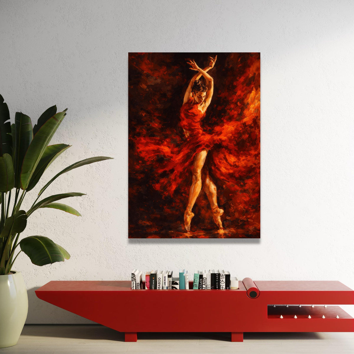 Dynamic Flamenco Dancer Canvas, Red Dress Ballet Wall Art, Expressive Dance Portrait, Elegant Movement Canvas, Home Decor Luxury Home Decor