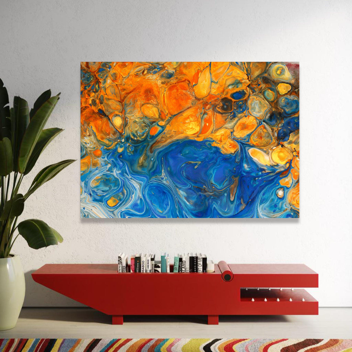 Vibrant Blue and Orange Abstract Canvas, Fluid Art Wall Decor, Modern Home Decoration, Colorful Living Room Canvas Luxury Home Decor