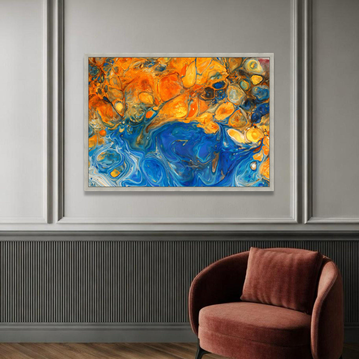Vibrant Blue and Orange Abstract Canvas, Fluid Art Wall Decor, Modern Home Decoration, Colorful Living Room Canvas Luxury Home Decor