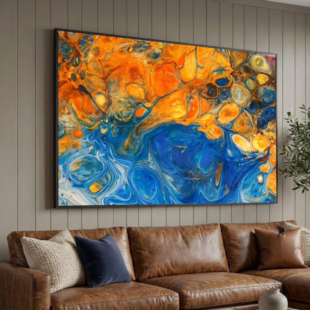 Vibrant Blue and Orange Abstract Canvas, Fluid Art Wall Decor, Modern Home Decoration, Colorful Living Room Canvas Luxury Home Decor