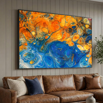 Vibrant Blue and Orange Abstract Canvas, Fluid Art Wall Decor, Modern Home Decoration, Colorful Living Room Canvas Luxury Home Decor