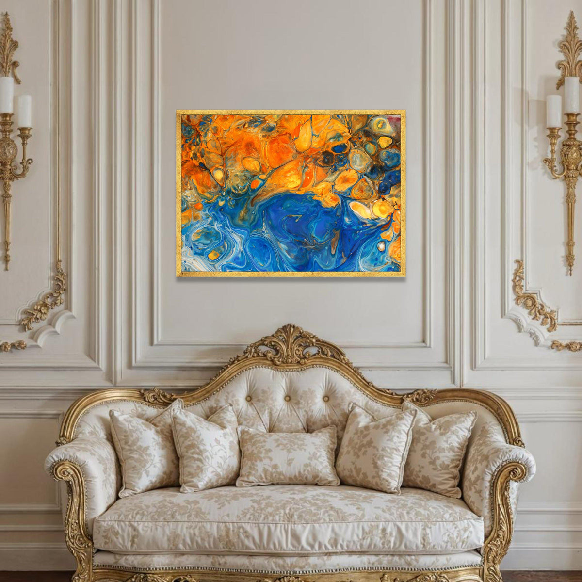 Vibrant Blue and Orange Abstract Canvas, Fluid Art Wall Decor, Modern Home Decoration, Colorful Living Room Canvas Luxury Home Decor