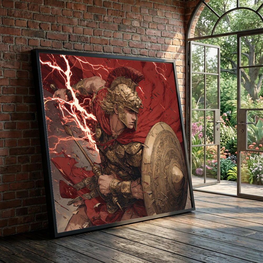 Ancient Warrior Battle, Mythical Gladiator Canvas, Heroic Roman Soldier Art, Lightning Strike Scene, Decorative Wall Luxury Home Decor