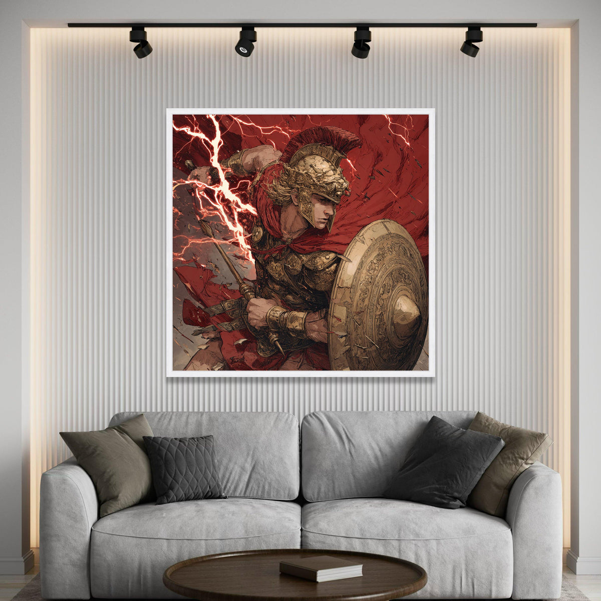 Ancient Warrior Battle, Mythical Gladiator Canvas, Heroic Roman Soldier Art, Lightning Strike Scene, Decorative Wall Luxury Home Decor