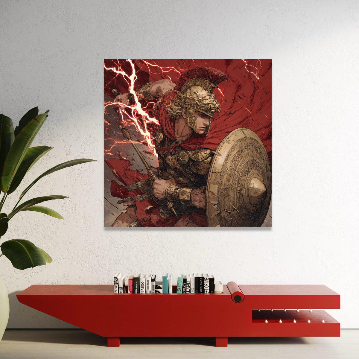 Ancient Warrior Battle, Mythical Gladiator Canvas, Heroic Roman Soldier Art, Lightning Strike Scene, Decorative Wall Luxury Home Decor