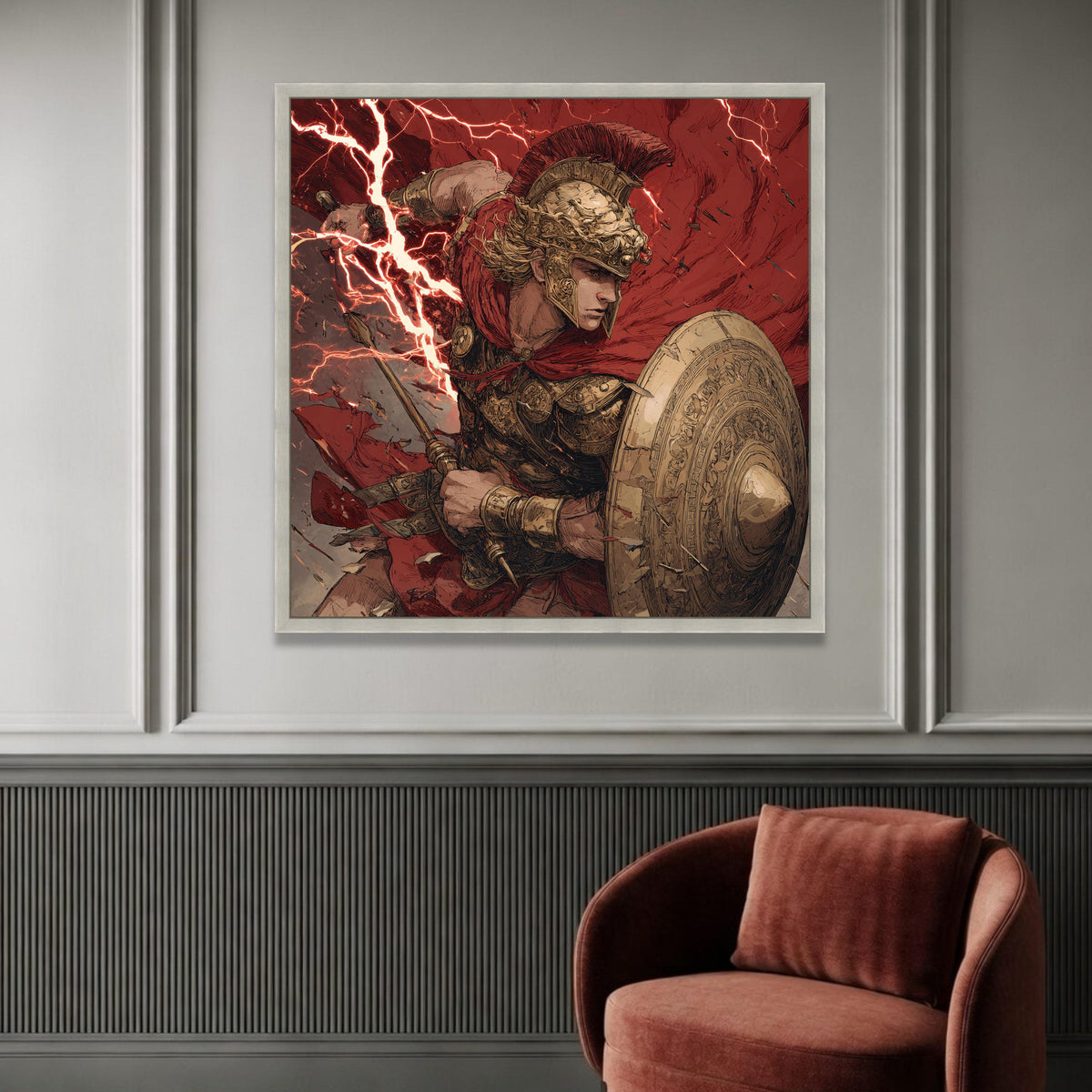 Ancient Warrior Battle, Mythical Gladiator Canvas, Heroic Roman Soldier Art, Lightning Strike Scene, Decorative Wall Luxury Home Decor