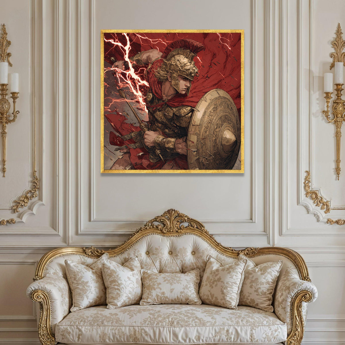 Ancient Warrior Battle, Mythical Gladiator Canvas, Heroic Roman Soldier Art, Lightning Strike Scene, Decorative Wall Luxury Home Decor