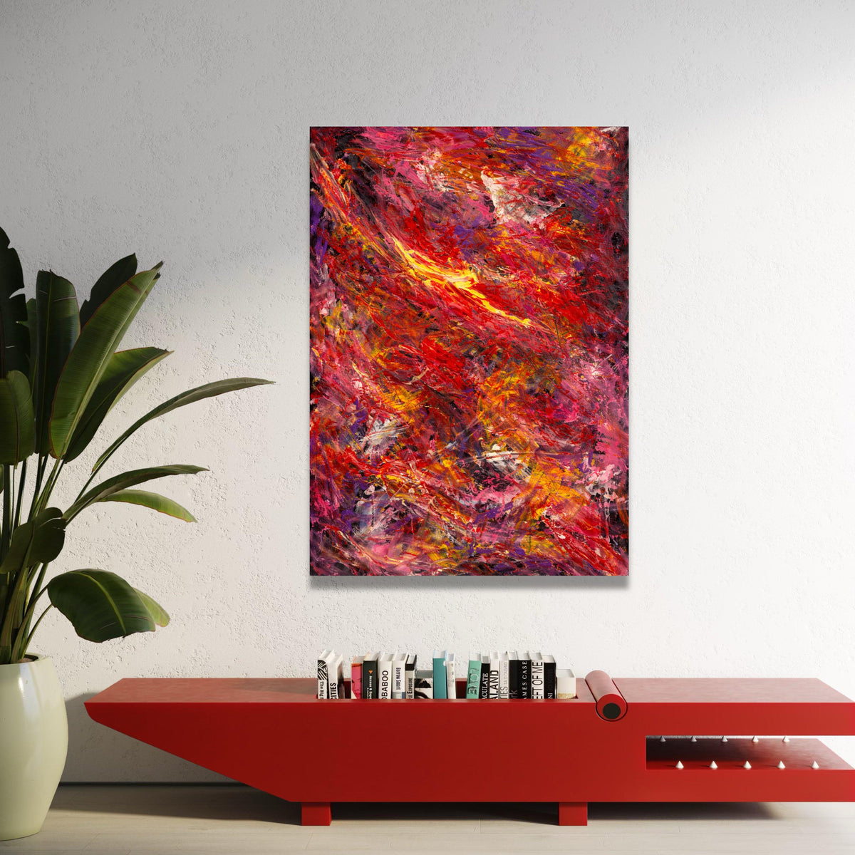 Vibrant Abstract Canvas Wall Art, Bold Red and Yellow Painting, Modern Home Decor, Colorful Expressionist Canvas, Ready to Luxury Home Decor