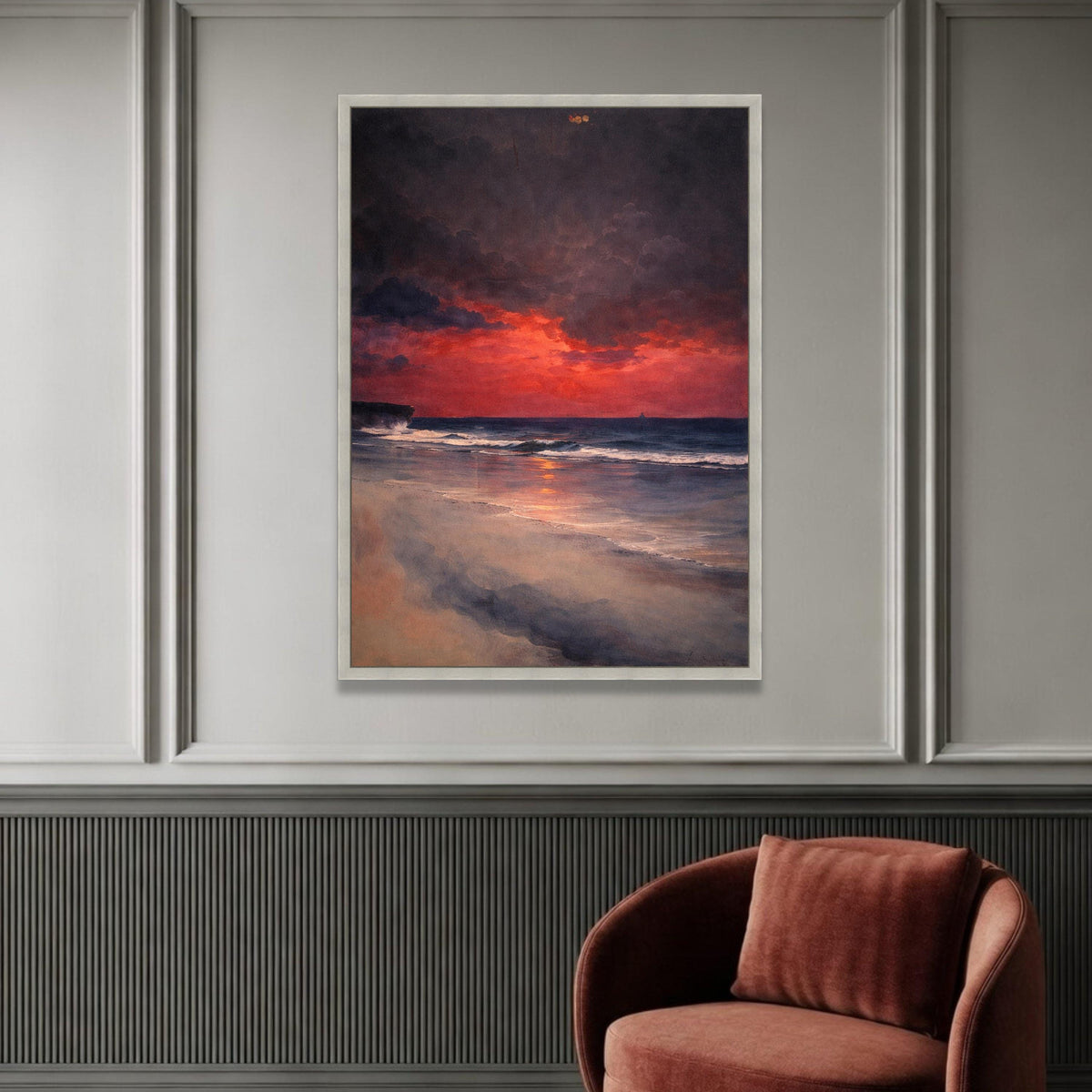 Dramatic Sunset Beach Canvas, Ocean Waves Wall Art, Evening Seascape Canvas, Coastal Sunset Decoration, Nature Canvas Luxury Home Decor