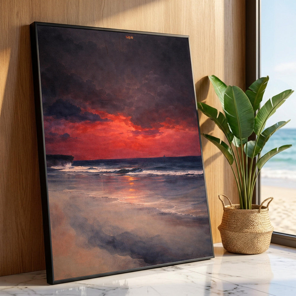 Dramatic Sunset Beach Canvas, Ocean Waves Wall Art, Evening Seascape Canvas, Coastal Sunset Decoration, Nature Canvas Luxury Home Decor