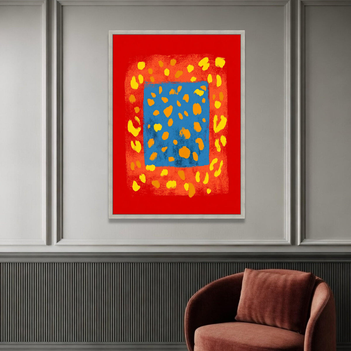 Bold Abstract Square Canvas Wall Art, Modern Geometric Design, Bright Red Blue Yellow Home Decoration, Contemporary Luxury Home Decor